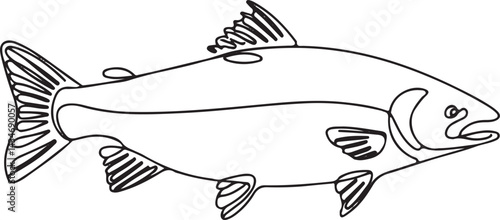 Minimalist continuous line drawing of a salmon fish outlined in sleek black strokes isolated on white background representing healthy food or aquatic life