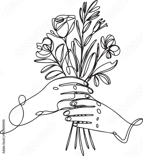 Graceful bouquet of flowers being held by hands in a minimalist black continuous line drawing style on clean white background for natural beauty illustrations