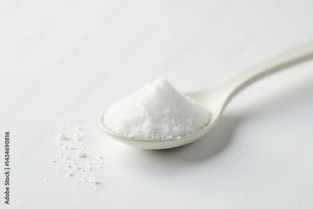 Spoonful of white sugar against white backdrop, sugar, spoonful of sugar, white background photography Spoonful of white sugar against white backdrop, sugar, spoonful of sugar, white background photography