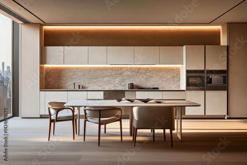 Wallpaper Mural A minimalist beige and white kitchen interior with a dining table, chair, bowl, oven, and microwave. Torontodigital.ca