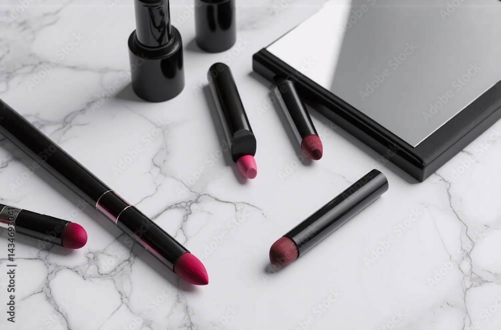 Elegant makeup items arranged on a marble surface. Lipsticks, glosses, and a mirror showcase a stylish cosmetic setting. Elegant makeup items arranged on a marble surface. Lipsticks, glosses, and a mirror showcase a stylish cosmetic setting.