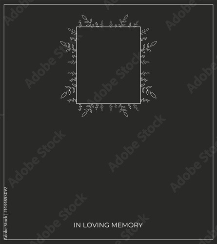 Floral frame for funeral events Empty card with space for text and photo Black background