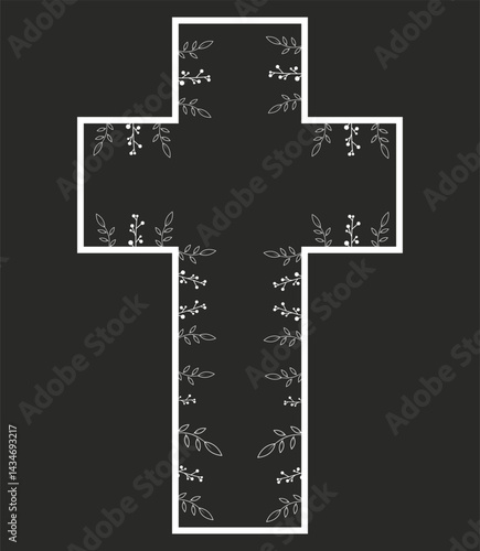 white cross on black background Church cross with leaves inside