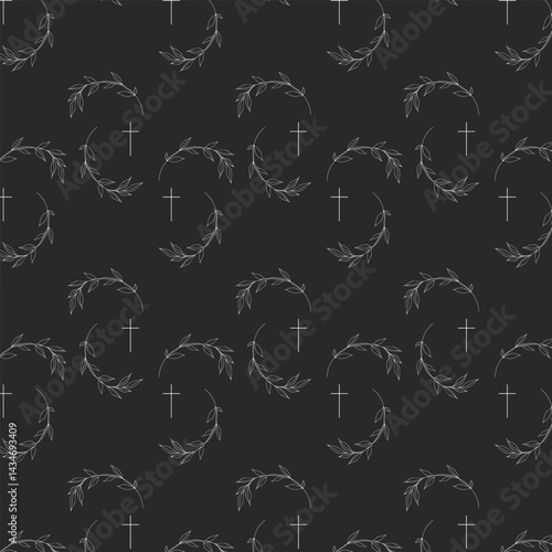 seamless pattern with leaves and church cross on black background