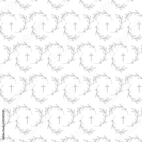 seamless pattern with leaves and church cross on white background