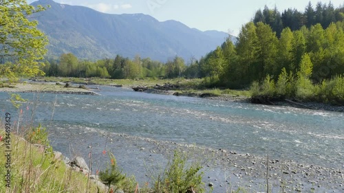 Chilliwack River (tilt up) as seen from the Vedder Rotary Trail North during a spring season in Chilliwack, Fraser Valley, British Columbia, Canada
