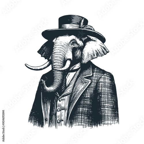 Elephant wearing a hat and a tie. Black white vector illustration.