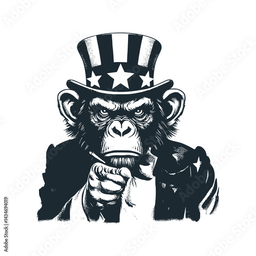 Monkey in hat pointing finger . Black white vector illustration.