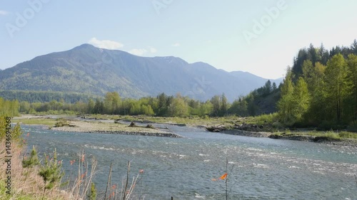 Chilliwack River as seen from the Vedder Rotary Trail North during a spring season in Chilliwack, Fraser Valley, British Columbia, Canada