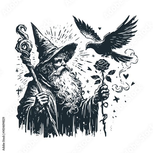 Old wizard hold a stick and rose with a dove. An old man with a long beard with a cane. Black white vector illustration.