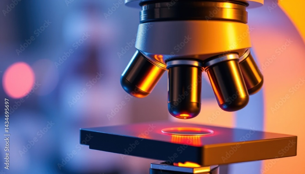 Close-up View of Microscope Objectives Illuminating Specimen Stage for Research Close-up View of Microscope Objectives Illuminating Specimen Stage for Research