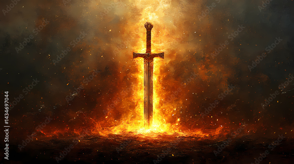 Naklejka premium A dramatic scene depicting warriors in battle, with glowing embers and a towering sword, evoking a sense of valor and conflict. Bloomshadow Glow. Illustration