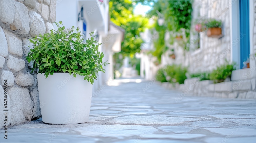 Fototapeta premium A charming stone street with a potted plant, leading toward buildings.