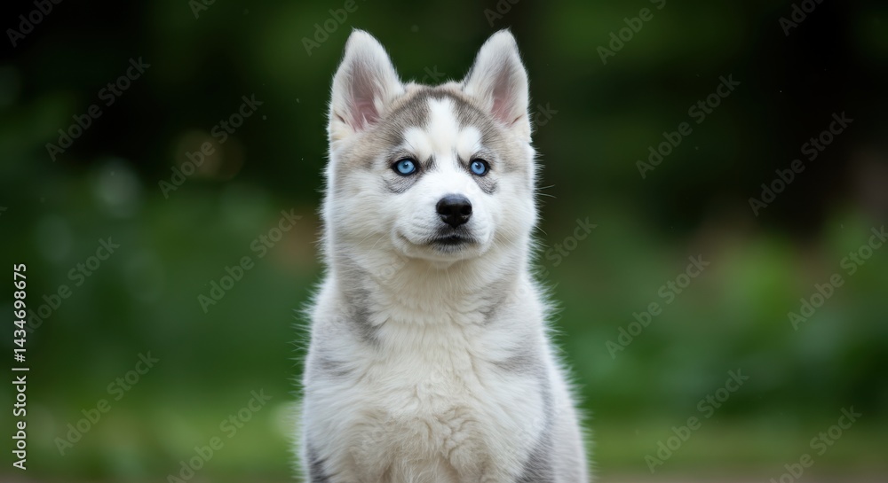 Close-up of a Siberian Husky puppy with blue eyes and white and gray fur in a garden Close-up of a Siberian Husky puppy with blue eyes and white and gray fur in a garden