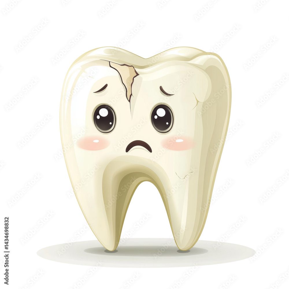 Vulnerable tooth cartoon with a cracked enamel and sad expression on a simple background Vulnerable tooth cartoon with a cracked enamel and sad expression on a simple background