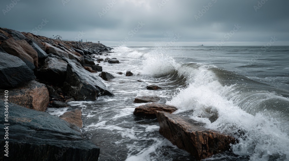 Obraz premium Crashing waves against coastal rocks ocean shoreline realistic photography rugged environment close-up coastal beauty