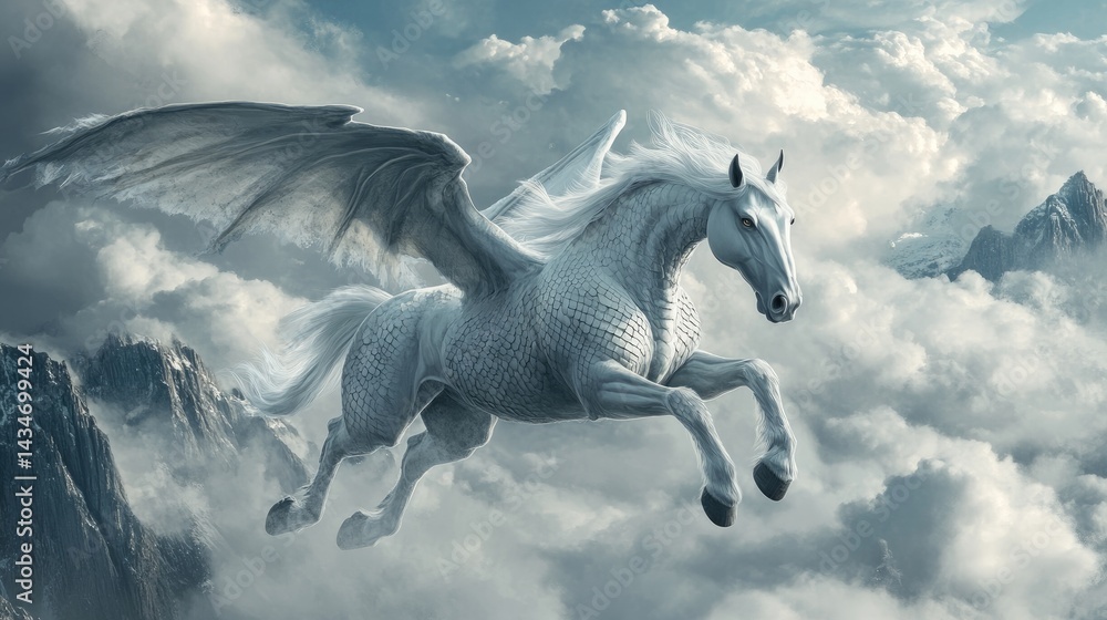 Fototapeta premium Mythical winged horse soaring above mountain peaks