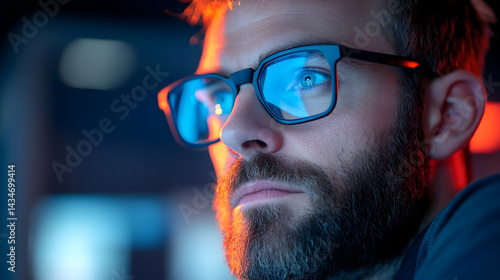 Closeup Portrait of a Focused Man with Beard Wearing Glasses in Blue and Orange Light