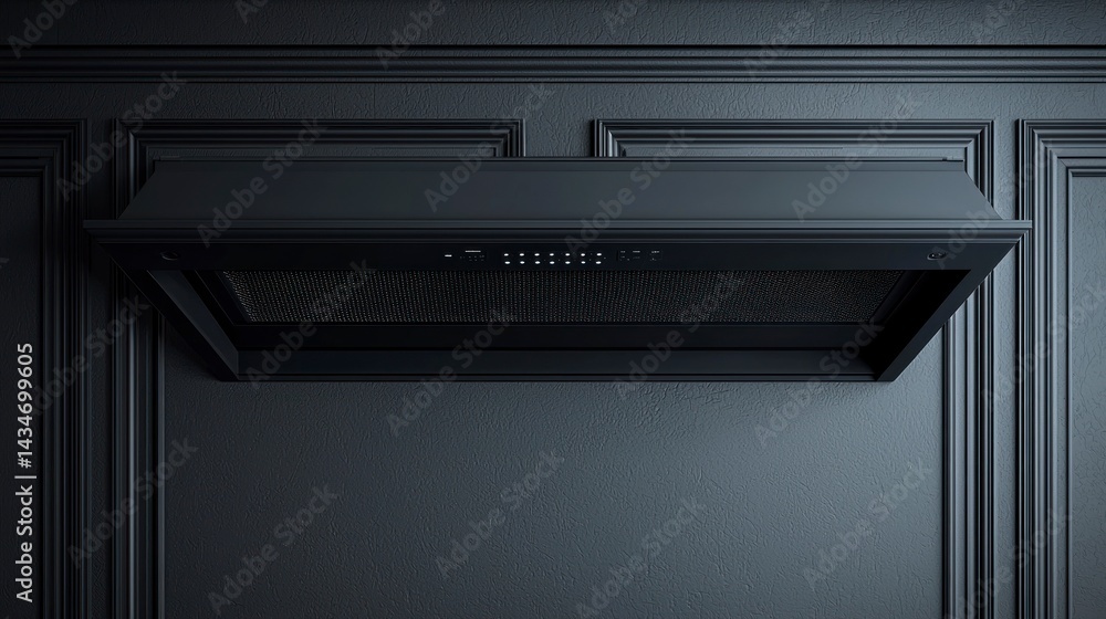 Modern Charcoal Range Hood with Sleek Design Against Textured Wall in High-Quality Realistic Photography Modern Charcoal Range Hood with Sleek Design Against Textured Wall in High-Quality Realistic Photography