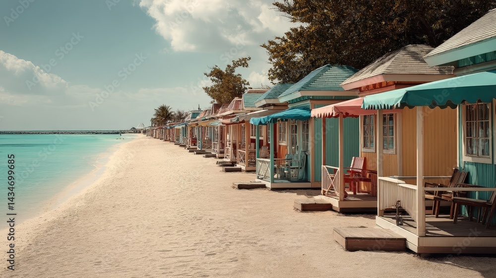 Obraz premium Relaxing beach scene colorful cabanas coastal paradise bright environment seaside view vibrant aesthetics