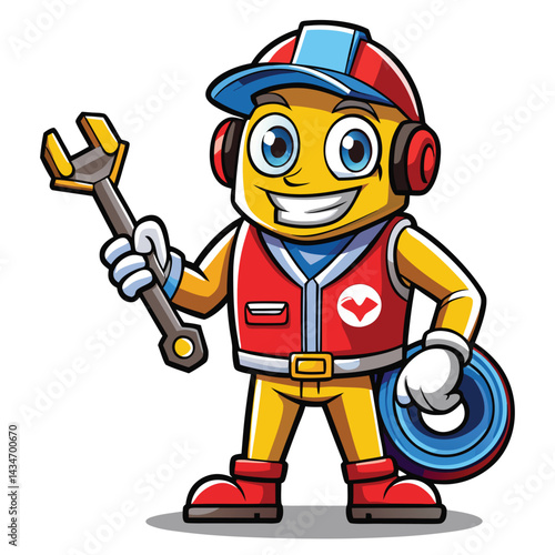 Cheerful mechanic character holding wrench and tire