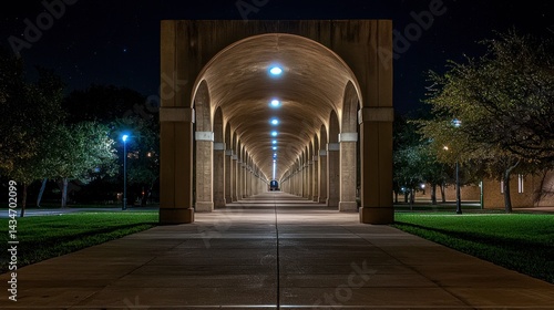 Nighttime View of a College Campus Archway with Realistic Lighting and Perspectives