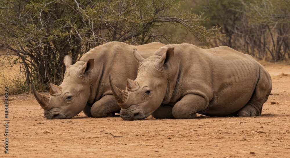 Fototapeta premium Two rhinoceros rest side-by-side on the ground in a dry landscape, showcasing their size, horns, and textured skin.