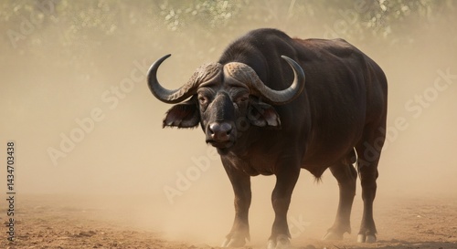 A formidable African buffalo stands tall, its imposing horns cutting through the dusty savanna, a symbol of strength and resilience.