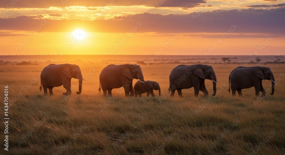 Fototapeta premium A family of elephants walks in a line across a grassy plain as the sun sets in the background, casting a warm glow over the scene.