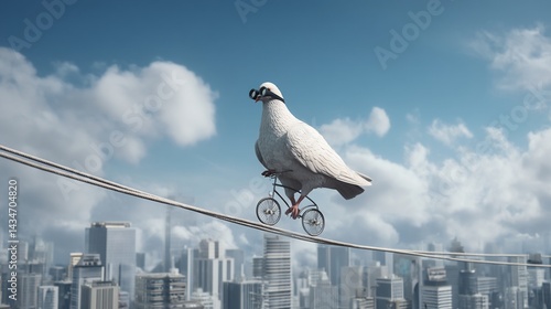 Whimsical bird on a bicycle balancing on a tightrope over a city, embracing adventure with a touch of humor and creativity.