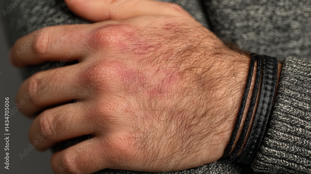 Fototapeta premium Detailed Close-Up of Inflamed Hand Skin with Rash Caused by Jewelry Contact