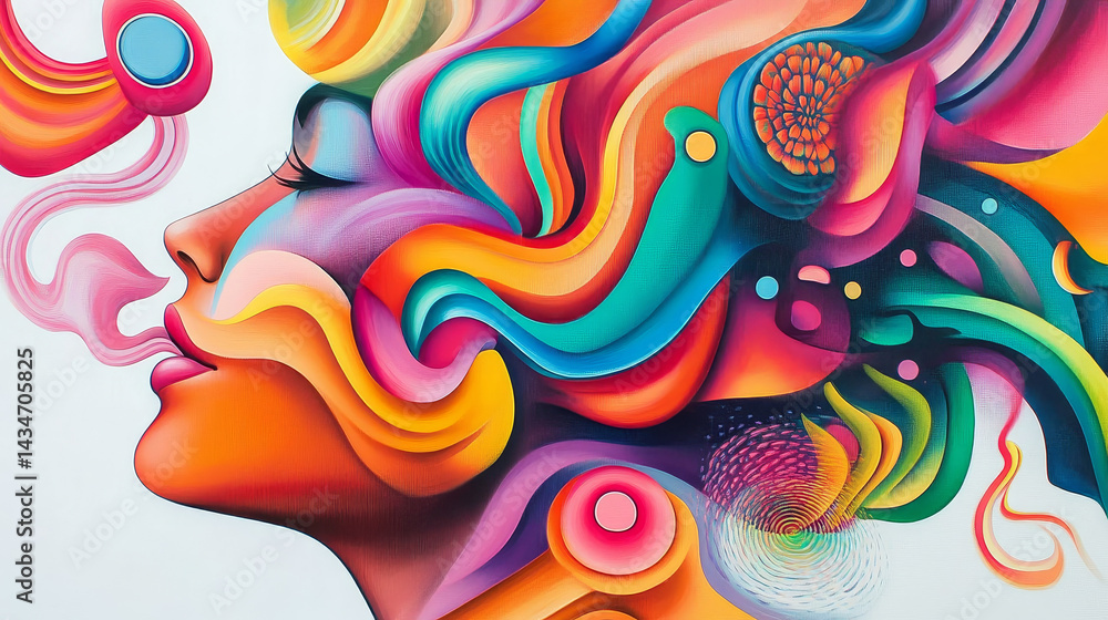 Obraz premium Colorful abstract representation of inner thoughts. Colorful Abstract Portrait with Flowing Imagination