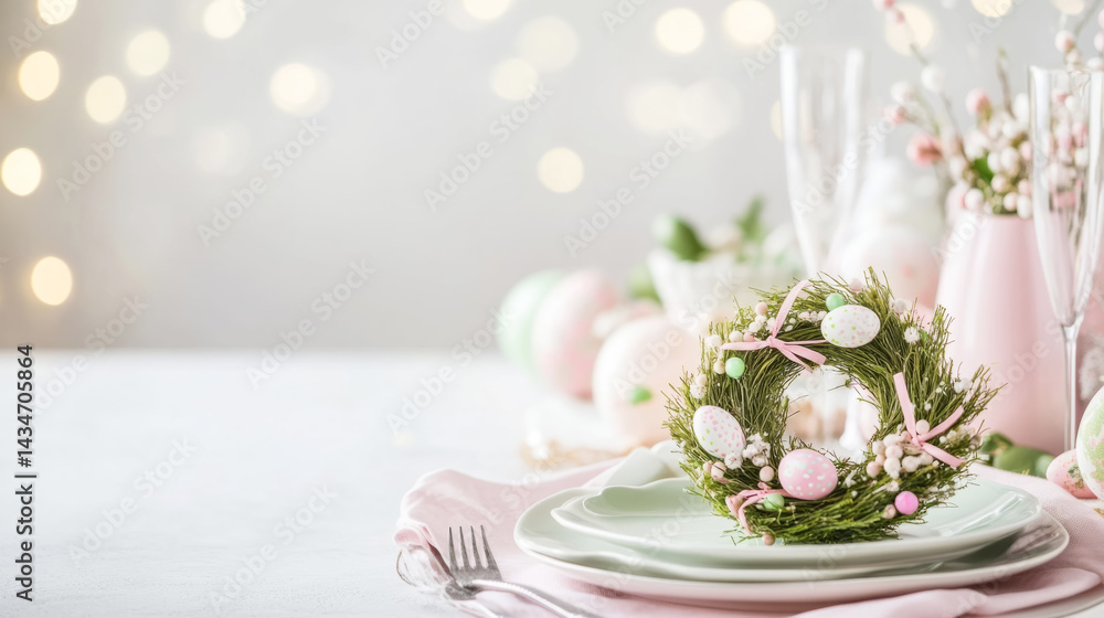 Elegant easter table setting with decorative wreath for spring festivities Elegant easter table setting with decorative wreath for spring festivities