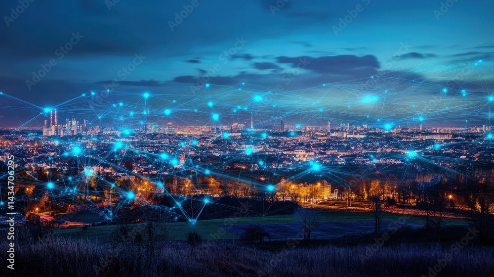 Fototapeta premium Illuminated cityscape interconnected by digital network lines at night.