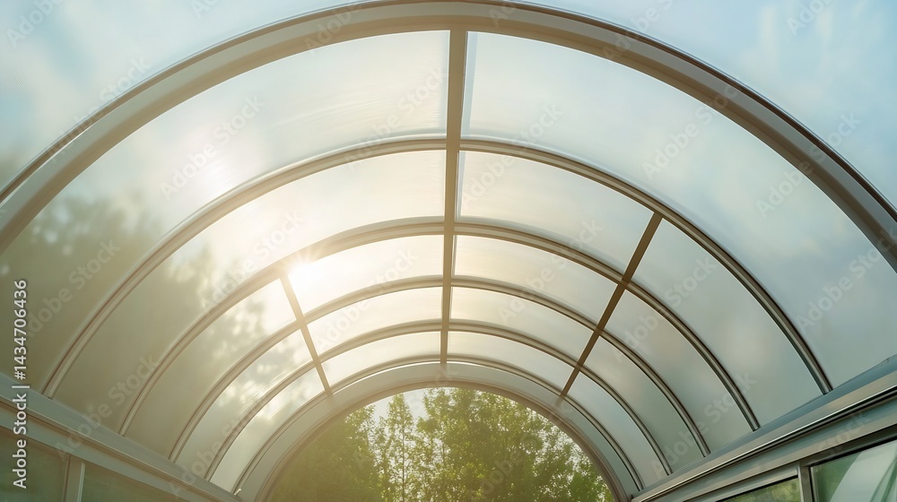 Fototapeta premium Transparent Architectural Structure With Geometric Metal Frame Glass Ceiling Curved Shape and Soft Background Light