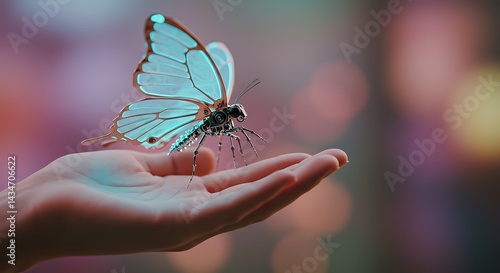 Robotic butterfly rests delicately on an open palm.