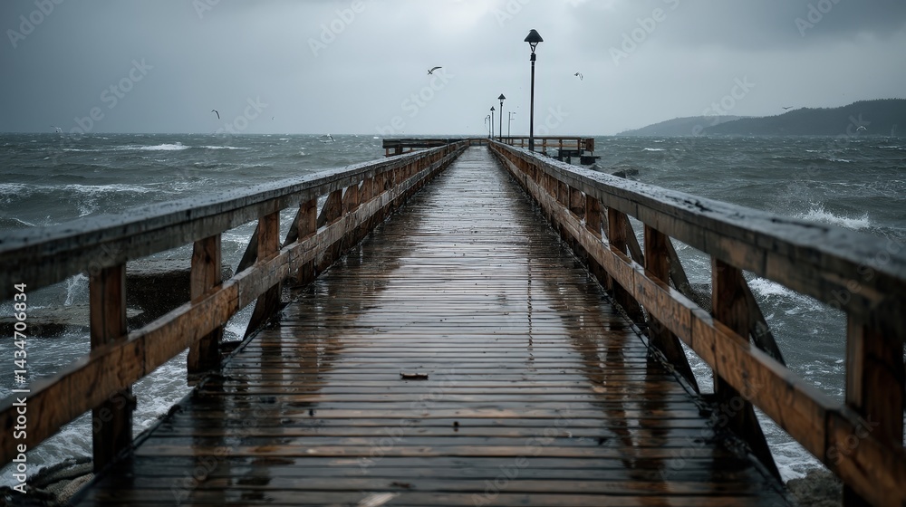 Fototapeta premium Stormy waters wet pier realistic photography coastal environment perspective view atmospheric concept