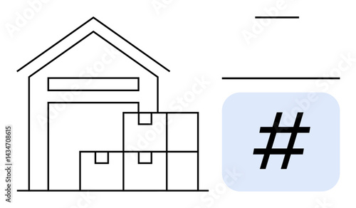 Warehouse with stacked boxes on left, metadata tag icon on right hinting at tracking or digital tagging. Ideal for logistics, supply chain, storage, e-commerce, inventory, technology, simple landing
