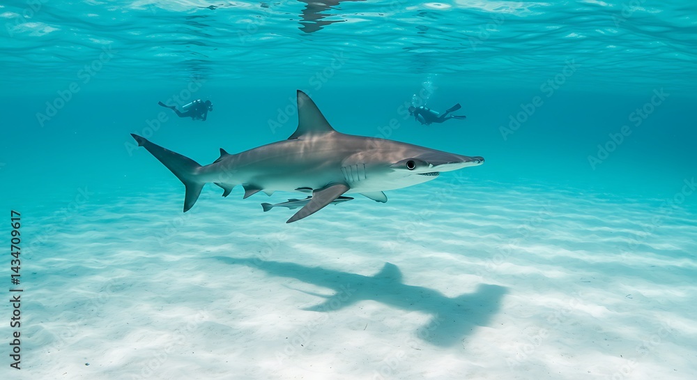 Obraz premium Hammerhead Shark Swimming Underwater with Divers