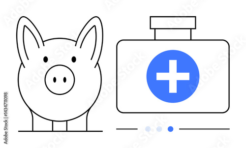 Piggy bank beside medical kit with cross icon highlighting healthcare costs, savings, and financial planning. Ideal for insurance, healthcare, finance, saving tips, budgeting, medical expenses