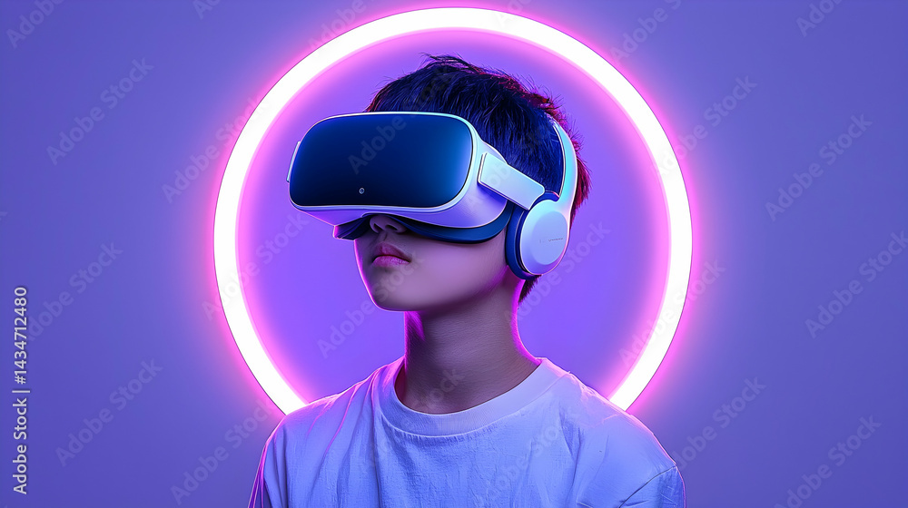 Young Boy Wearing a VR Headset in a Purple Neon Lit Room Young Boy Wearing a VR Headset in a Purple Neon Lit Room