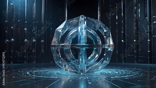 Futuristic Crystal Object in Anti-Gravity Chamber with Holographic Locks