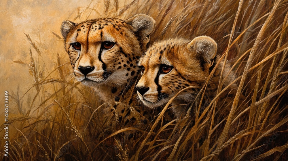 Obraz premium Cheetahs hiding tall grass savanna wildlife art