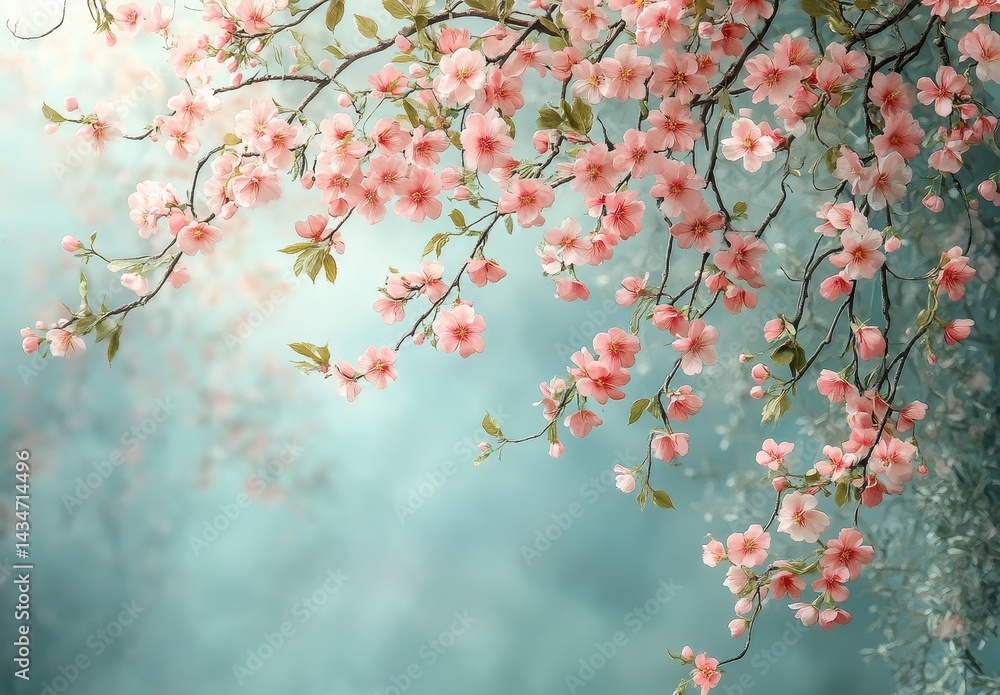 Floral Abundance Pink Blossoms on Branches Against Soft Blue Gray Background Floral Abundance Pink Blossoms on Branches Against Soft Blue Gray Background