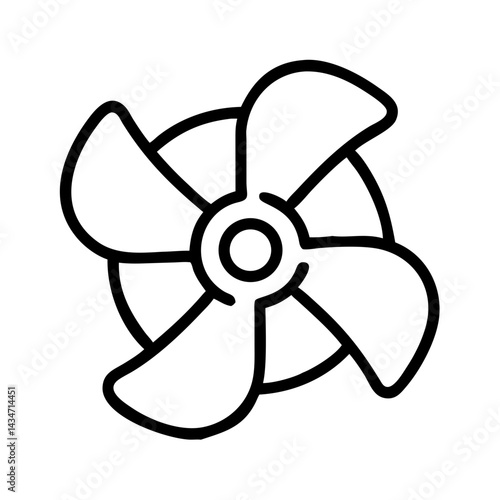 Minimalist black line icon of marine propeller, boat propulsion system element, simple nautical symbol isolated on white background, clean vector design