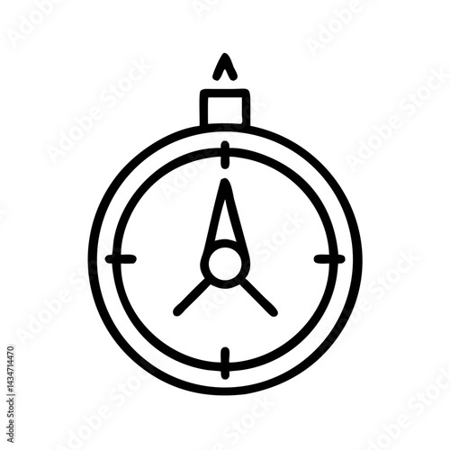 Minimalist black line icon of navigation compass showing direction, simple travel or adventure symbol, isolated on white background, clean vector design