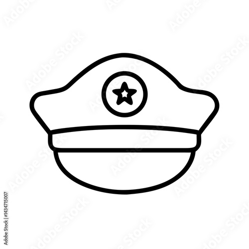 Minimalist black line icon of police officer cap with star badge, isolated on white background, symbol of law enforcement, security and authority