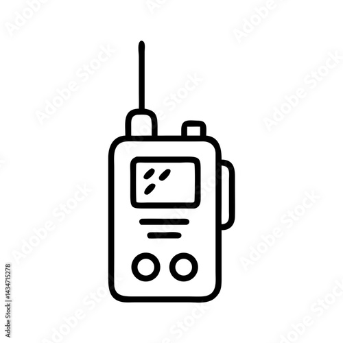 Minimalist black line icon of walkie-talkie with antenna and buttons, isolated on white background, symbol of communication, security and emergency connection