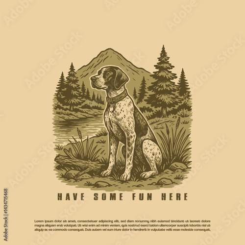 Vintage retro hand drawn hunting dog in the wild forest vector