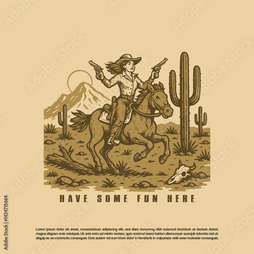 Vintage retro hand drawn cowgirl riding his horse holding handgun vector